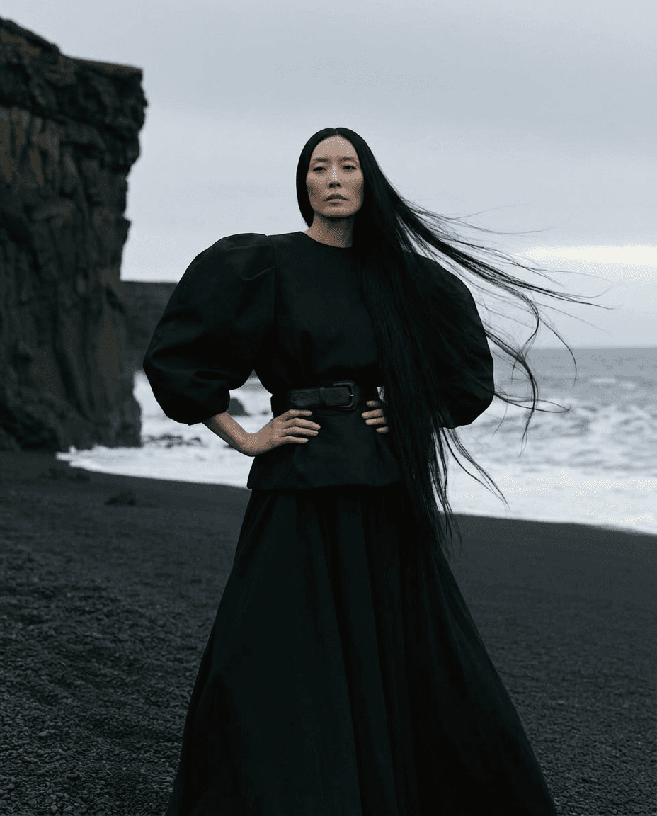 Model in black silhouette with flowing hair against dark cliffs and waves.