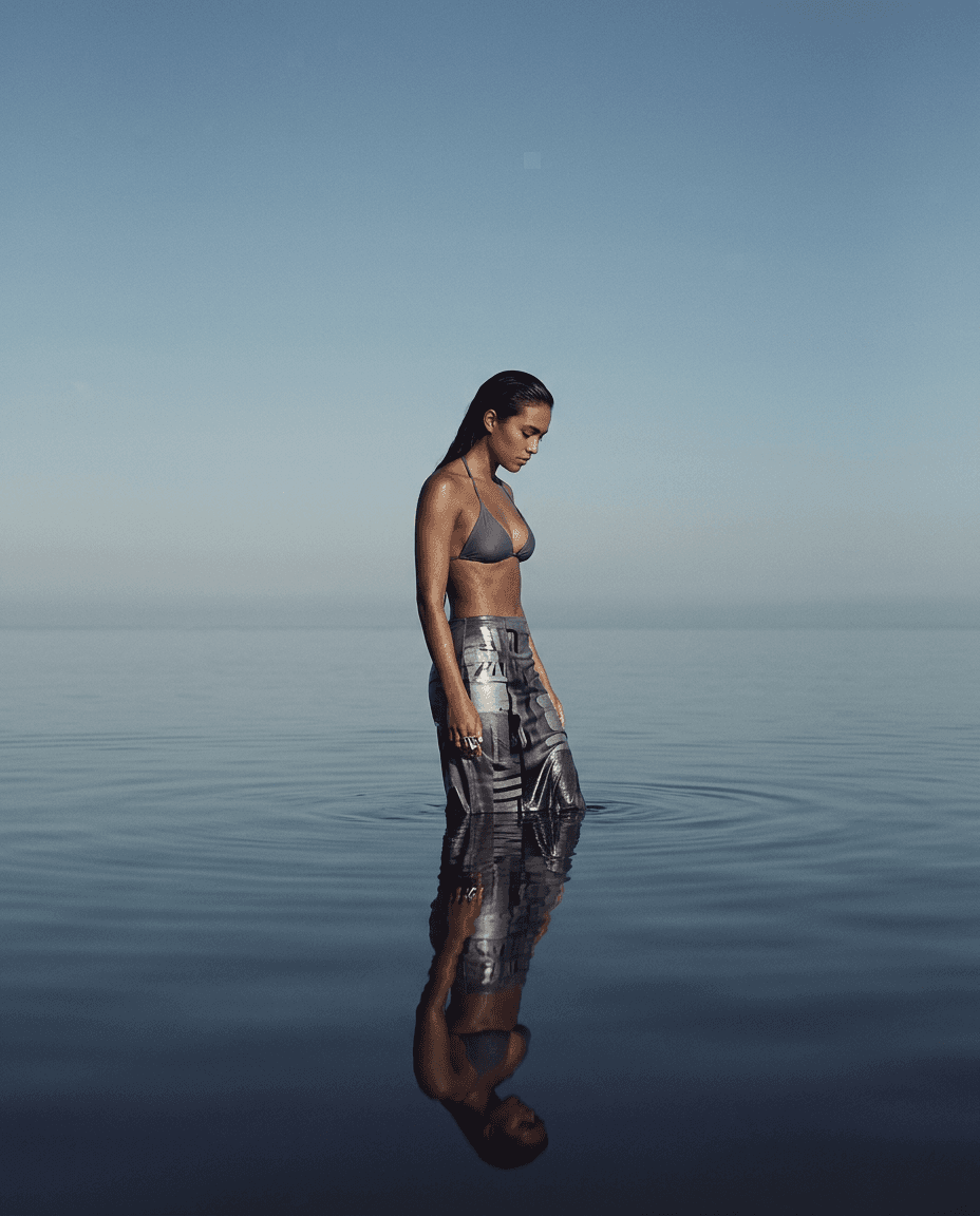 A woman stands in calm waters with a soft blue sky above.