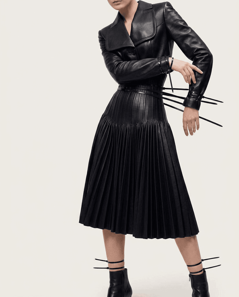 A model wearing a black leather dress with pleated details on a neutral background.