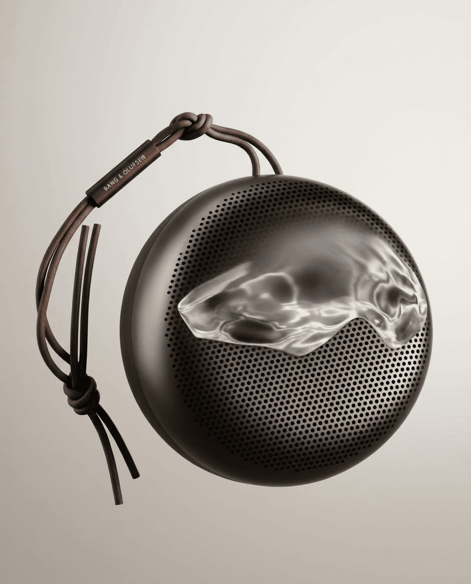 A sleek, modern portable speaker with a reflective surface and leather strap.