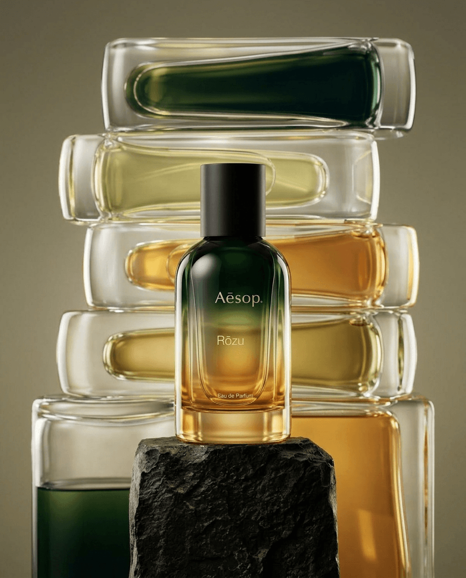 Aesop fragrance bottle in front of stacked glass containers in green, yellow, and amber.
