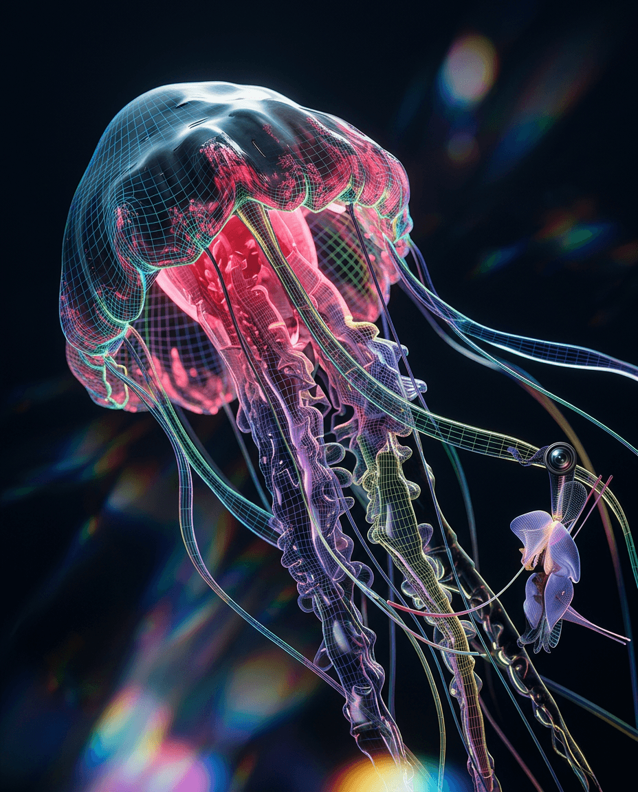 Digital illustration of a jellyfish with intricate mesh design and glowing colours.