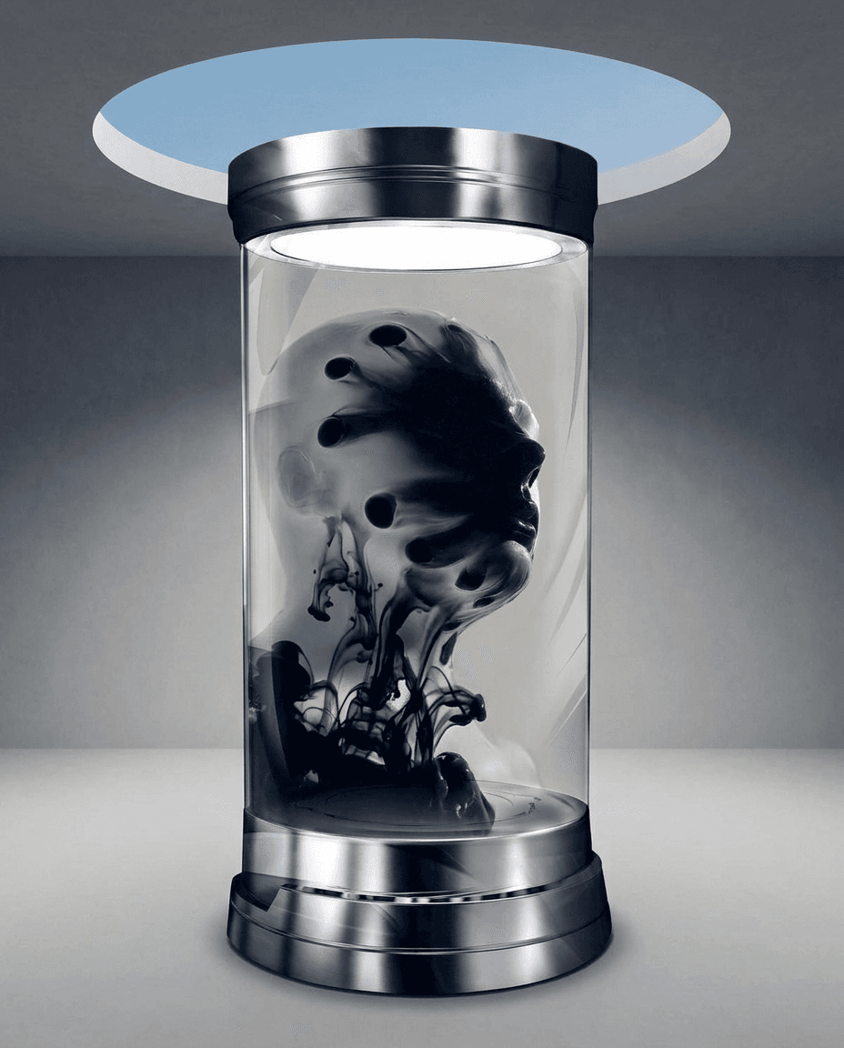 3D rendering of a transparent chamber with a figure in dark liquid under bright light.