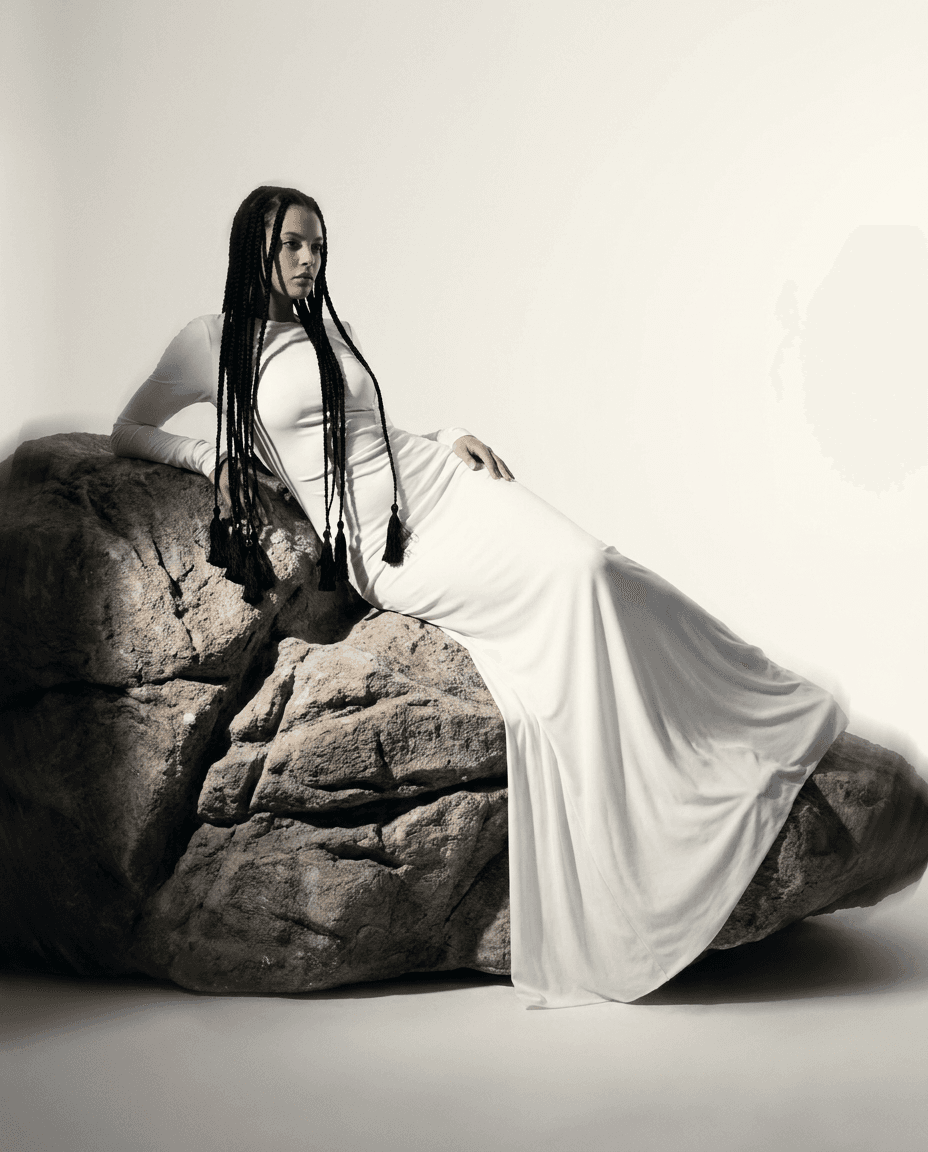 A woman in a white dress lounging on a large stone with soft colours around her.