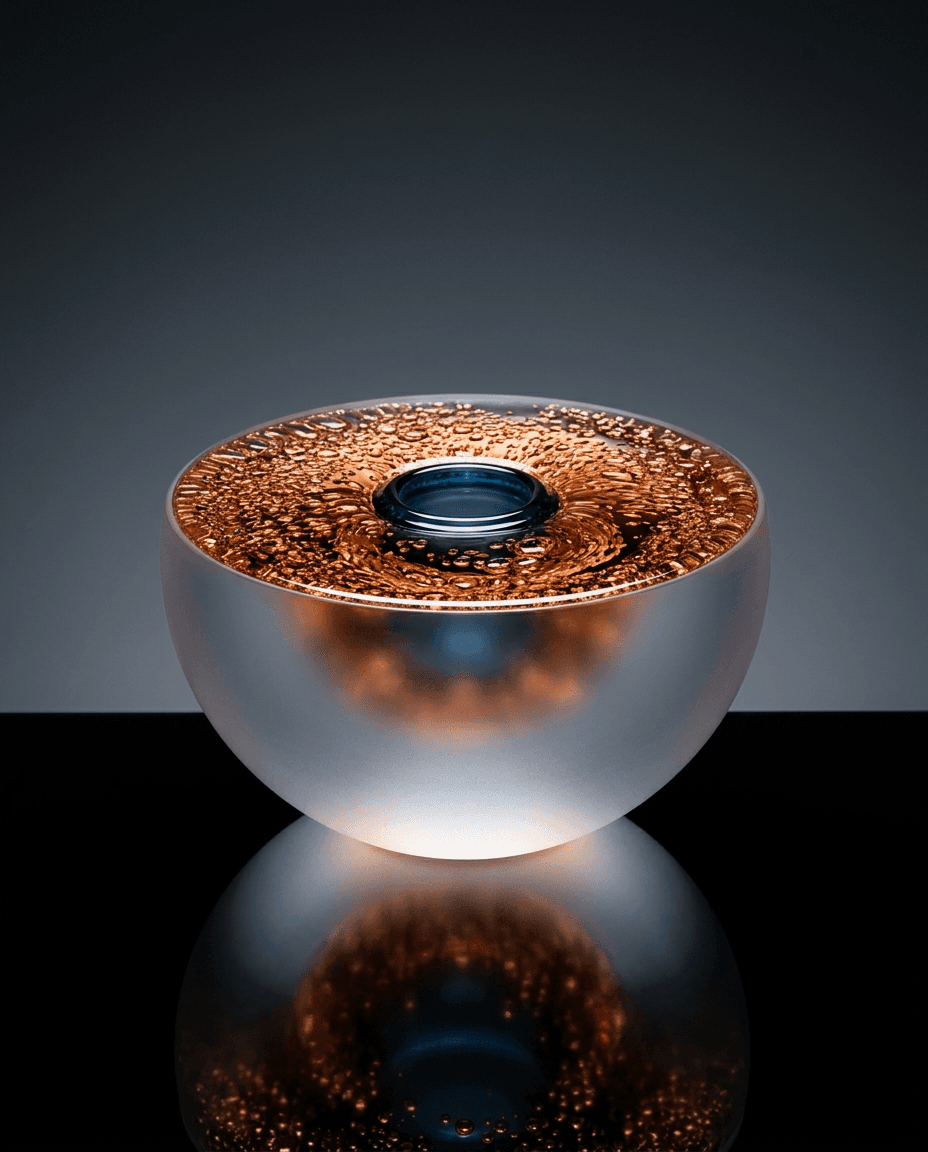 A frosted glass vase with a copper interior on a dark background.