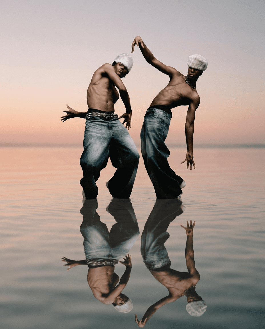 Two men in artistic poses by a calm water surface at sunset.