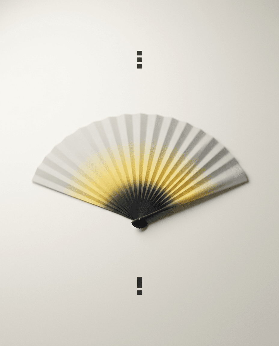 Minimalist illustration of a fan with a black to yellow gradient on a neutral background.