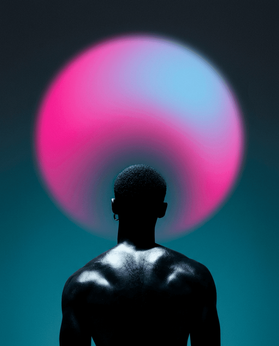 Silhouetted figure with a muscular back against a pink and blue gradient background.