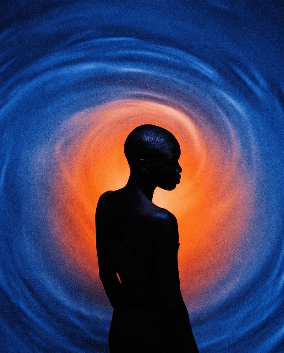 Silhouette of a person with a shaved head against a blue and orange swirling background.
