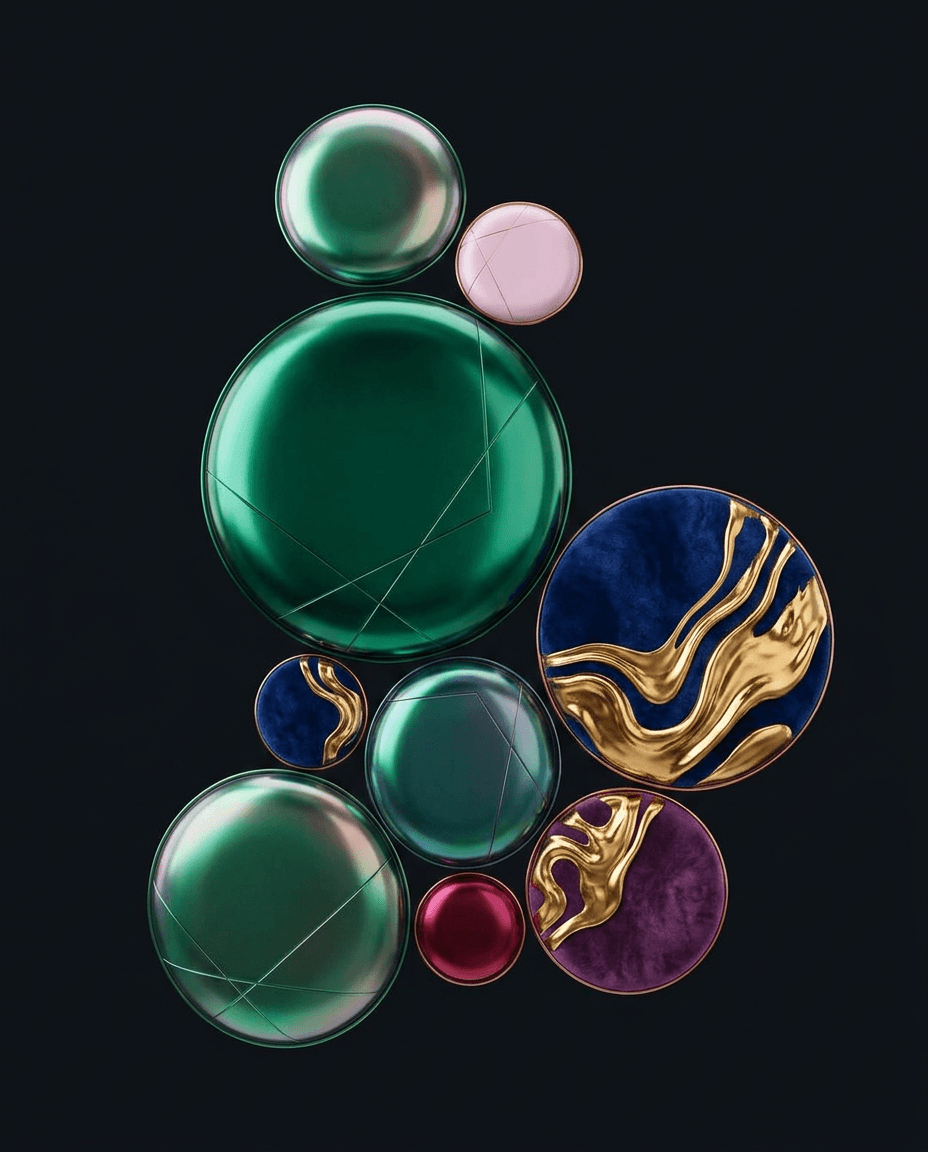 Digital illustration of glossy spheres in emerald green, purple, and gold on a dark background.