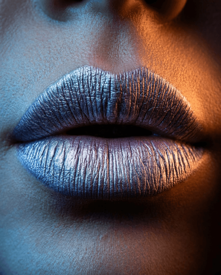 Close-up of glossy lips with blue and purple tones, highlighting texture and light.