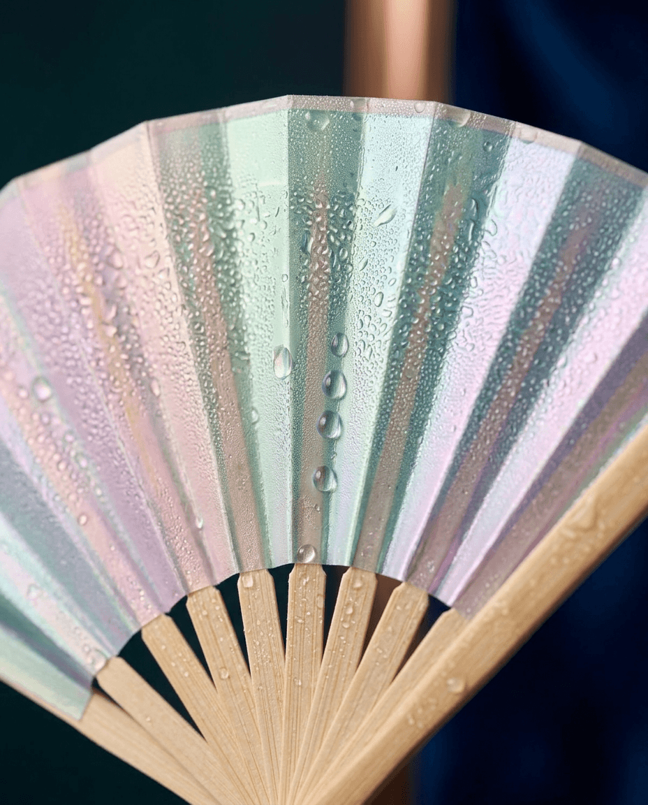Close-up of an iridescent fan with water droplets on it.