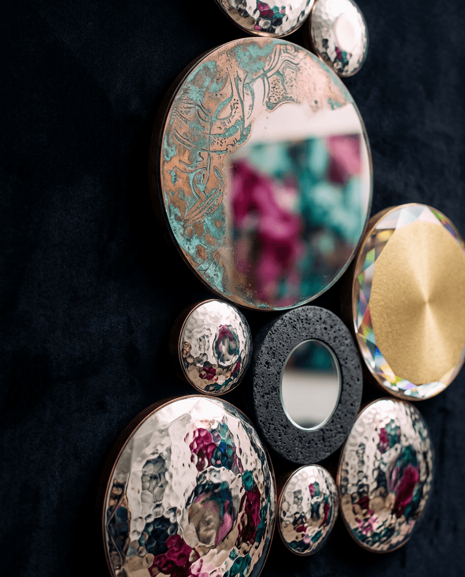 A collection of decorative mirrors of different sizes and textures on a dark background.