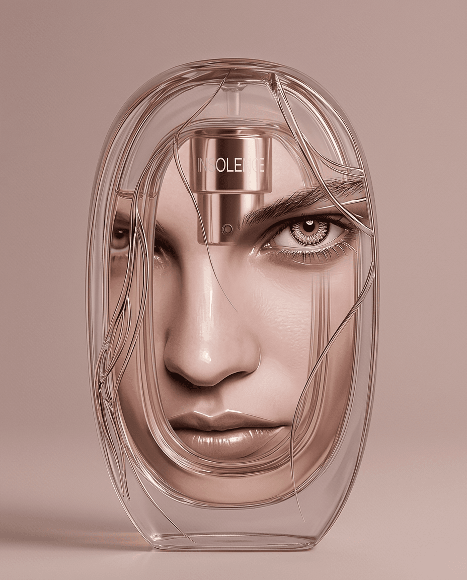 Digital illustration of a perfume bottle shaped like a face with nude tones and metallic accents.