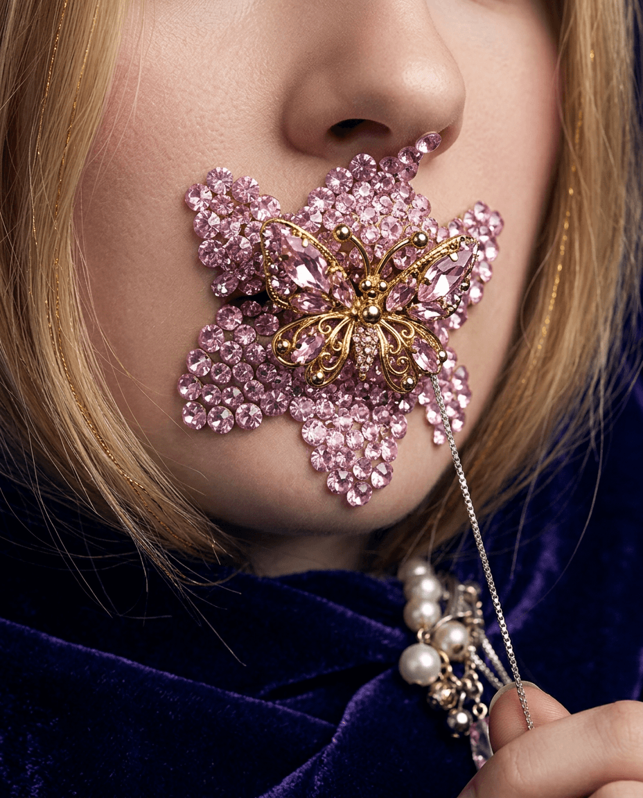 Close-up of a model's face with pink floral design and butterfly brooch.