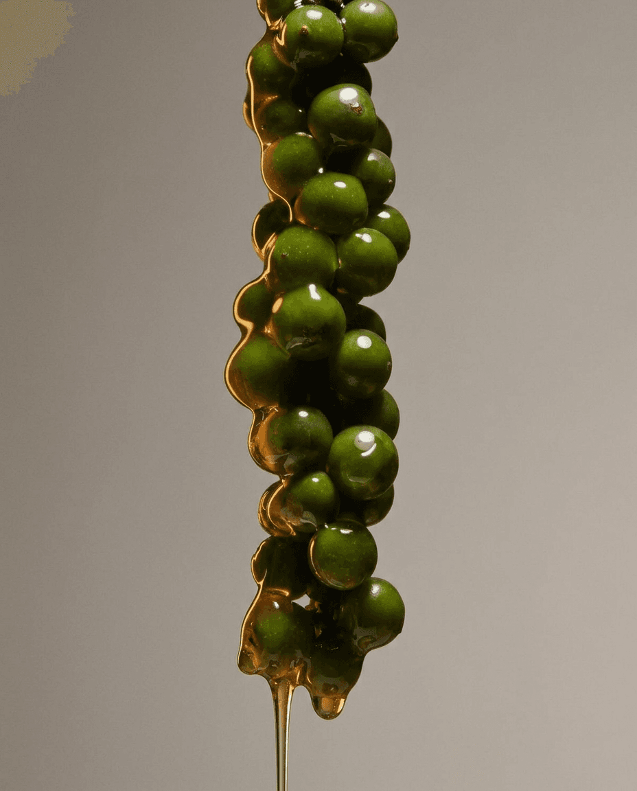 Close-up of green olives drizzled with olive oil under soft lighting.