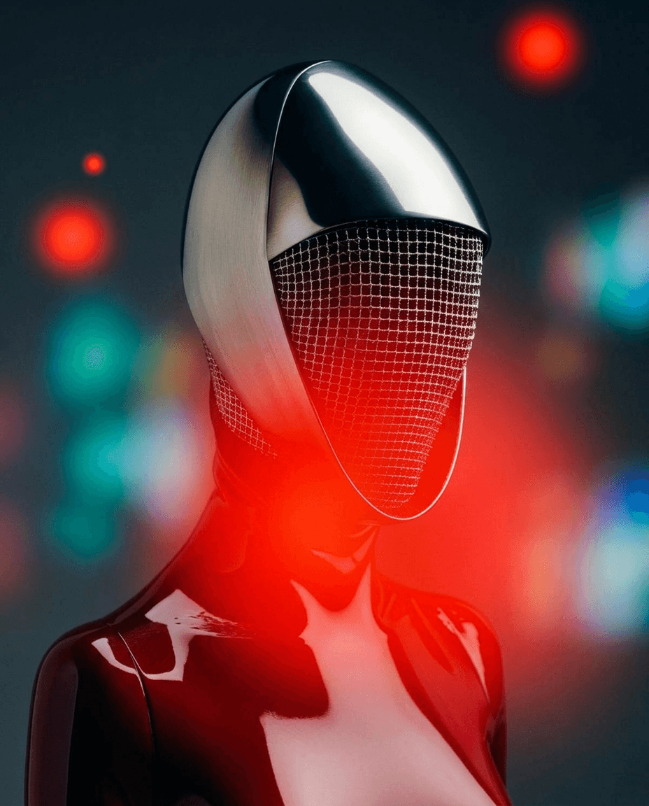 A red mannequin with a metallic helmet and mesh face covering, surrounded by blurred colourful lights.