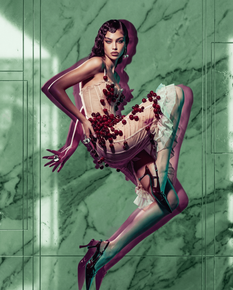 A model in a cherry-accented dress poses against a sleek marble background.