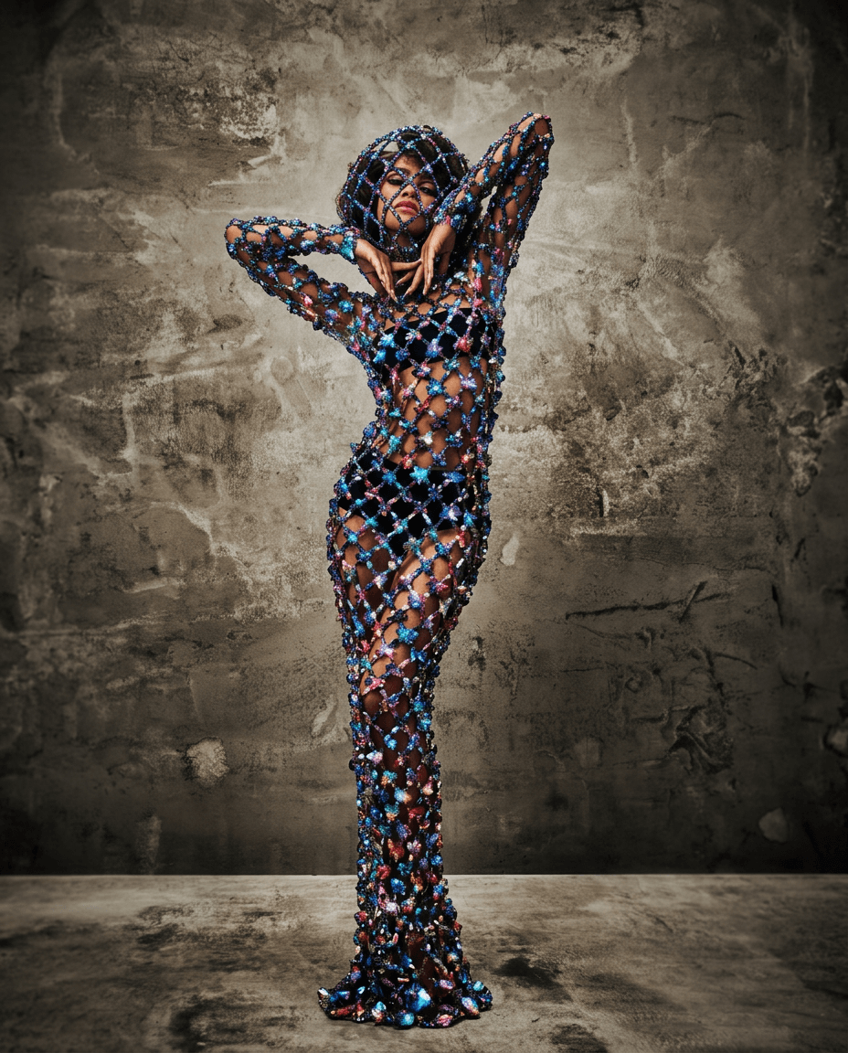 A model in a sheer gown with gemstones poses against a grey wall.