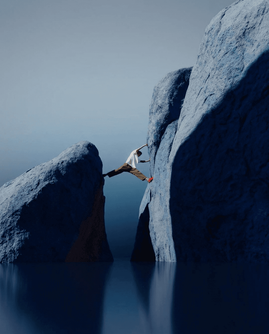 Climber between two tall blue rock formations with a misty background.