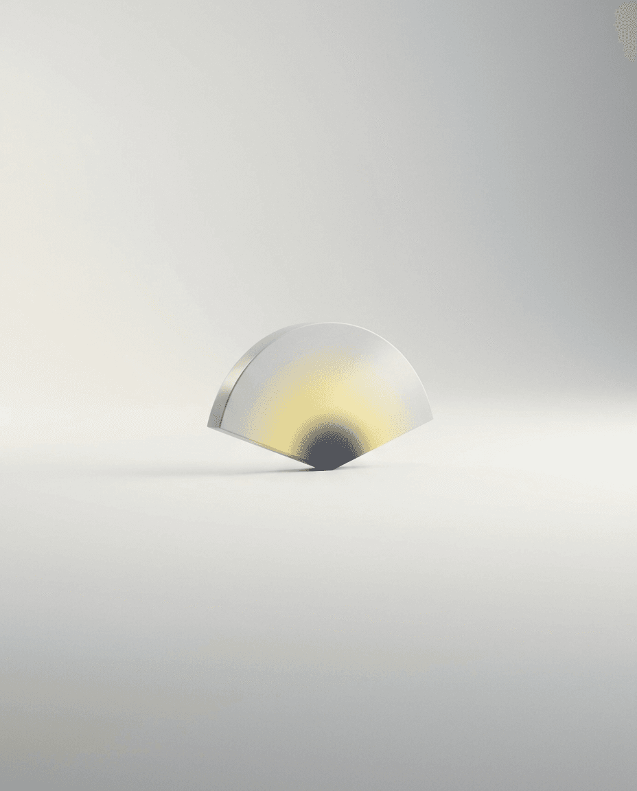A sleek, semi-circular metallic object on a soft gradient background.