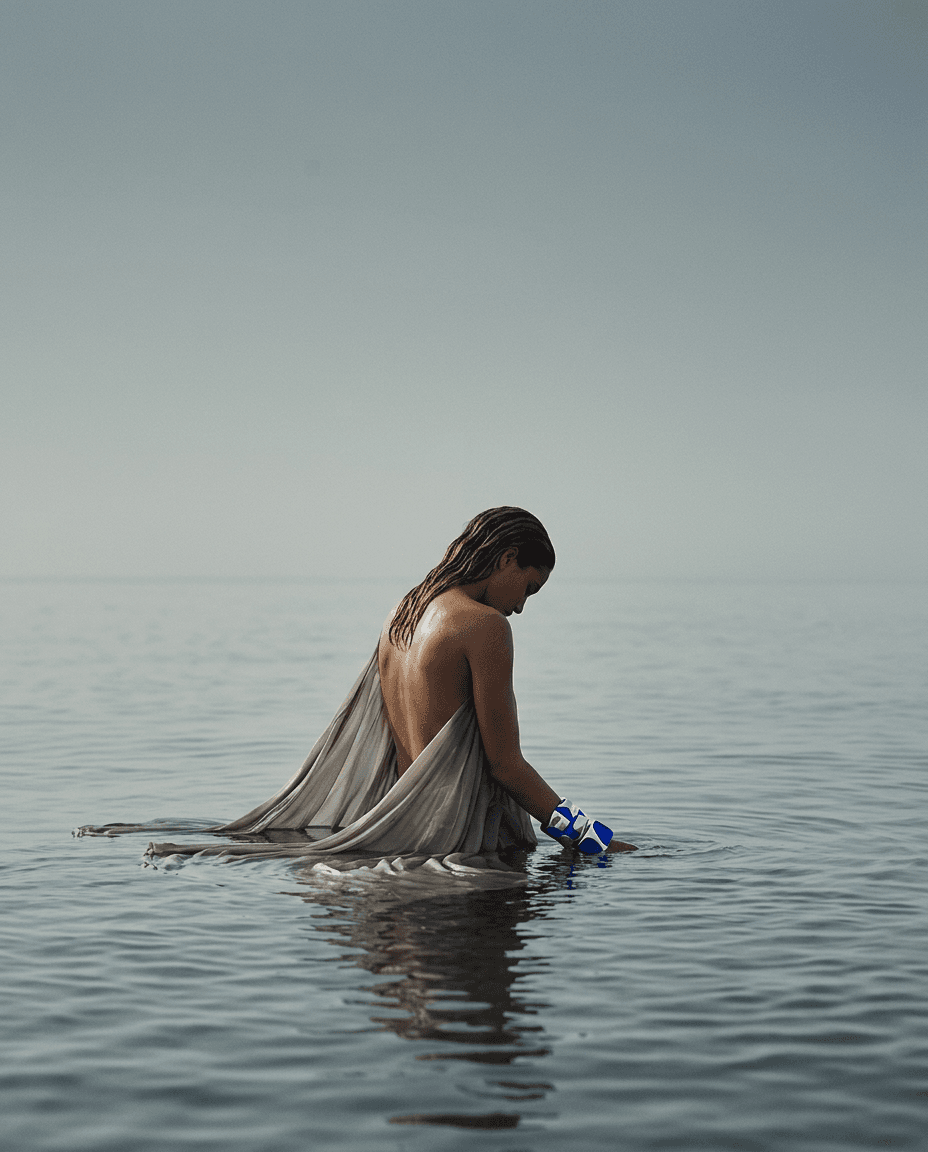 A figure in a flowing garment is partially submerged in calm water surrounded by soft grays and blues.