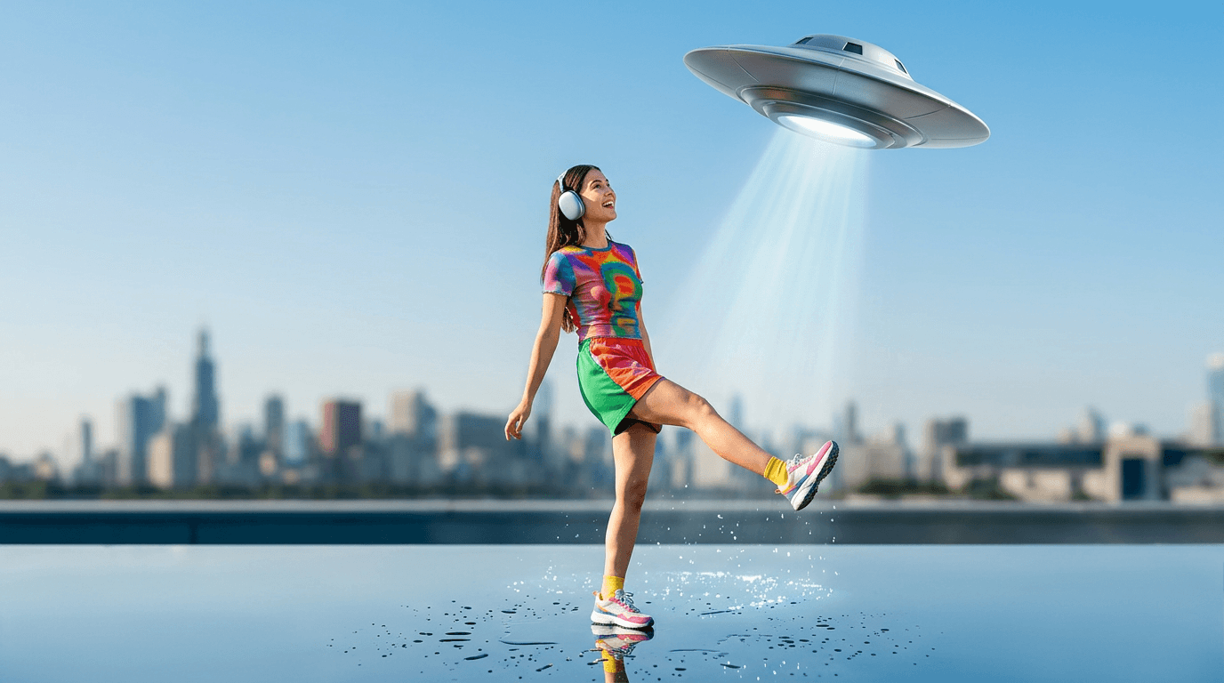 A young woman in a colourful dress stands on a reflective surface under a UFO beaming light.