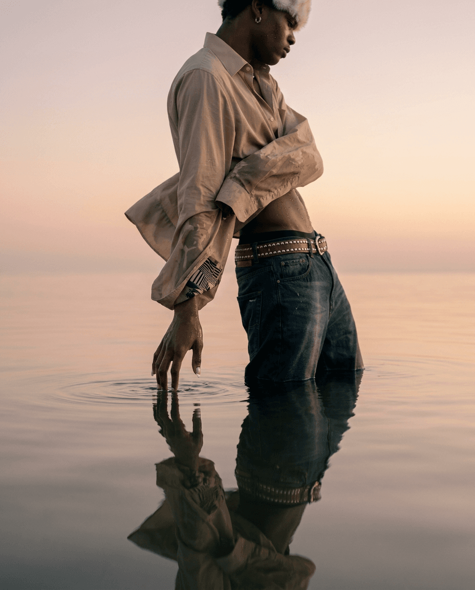 Male model standing in shallow water at dusk with a reflection in the water.