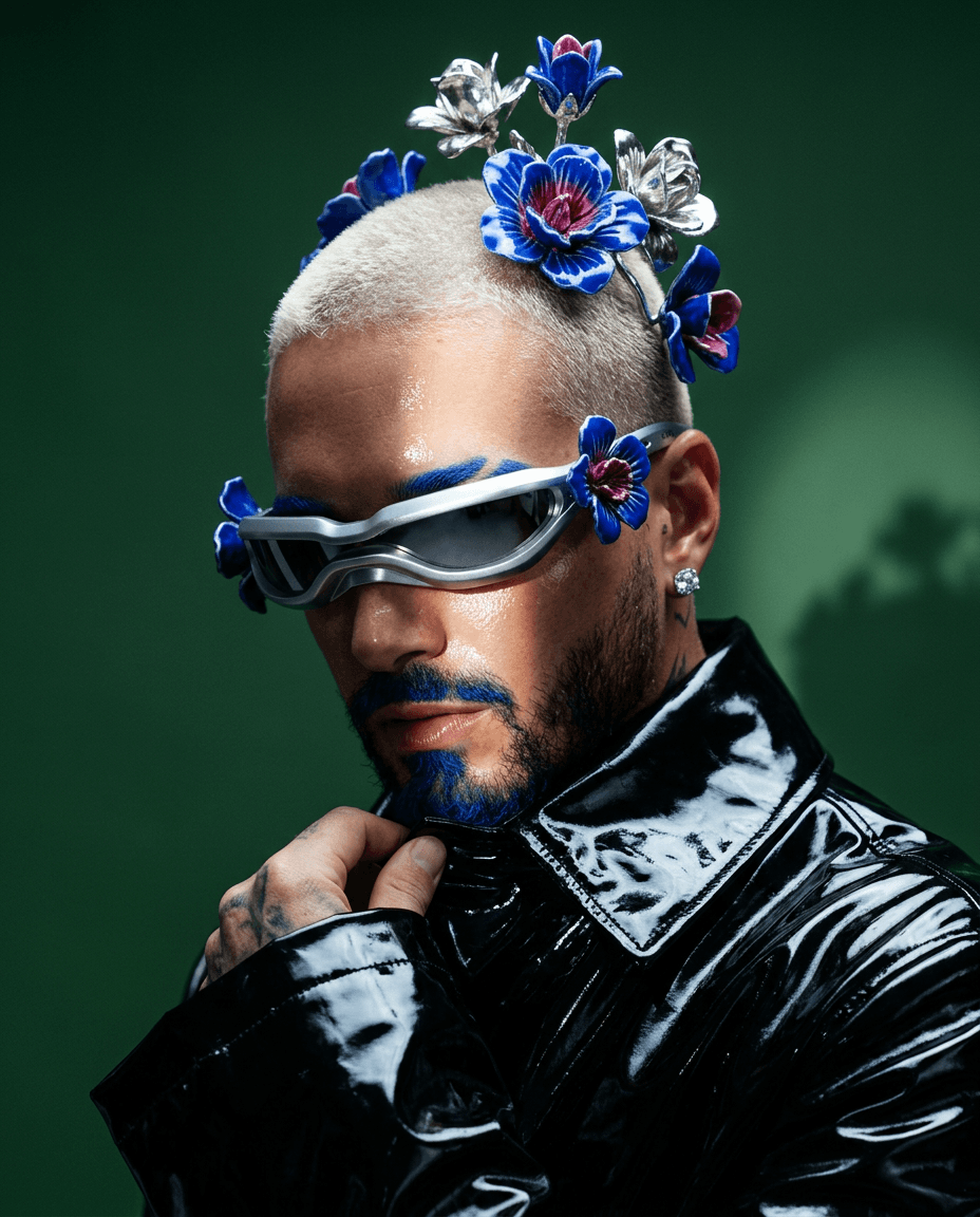 Person with platinum buzz cut, blue facial hair, floral accessories, and futuristic sunglasses.