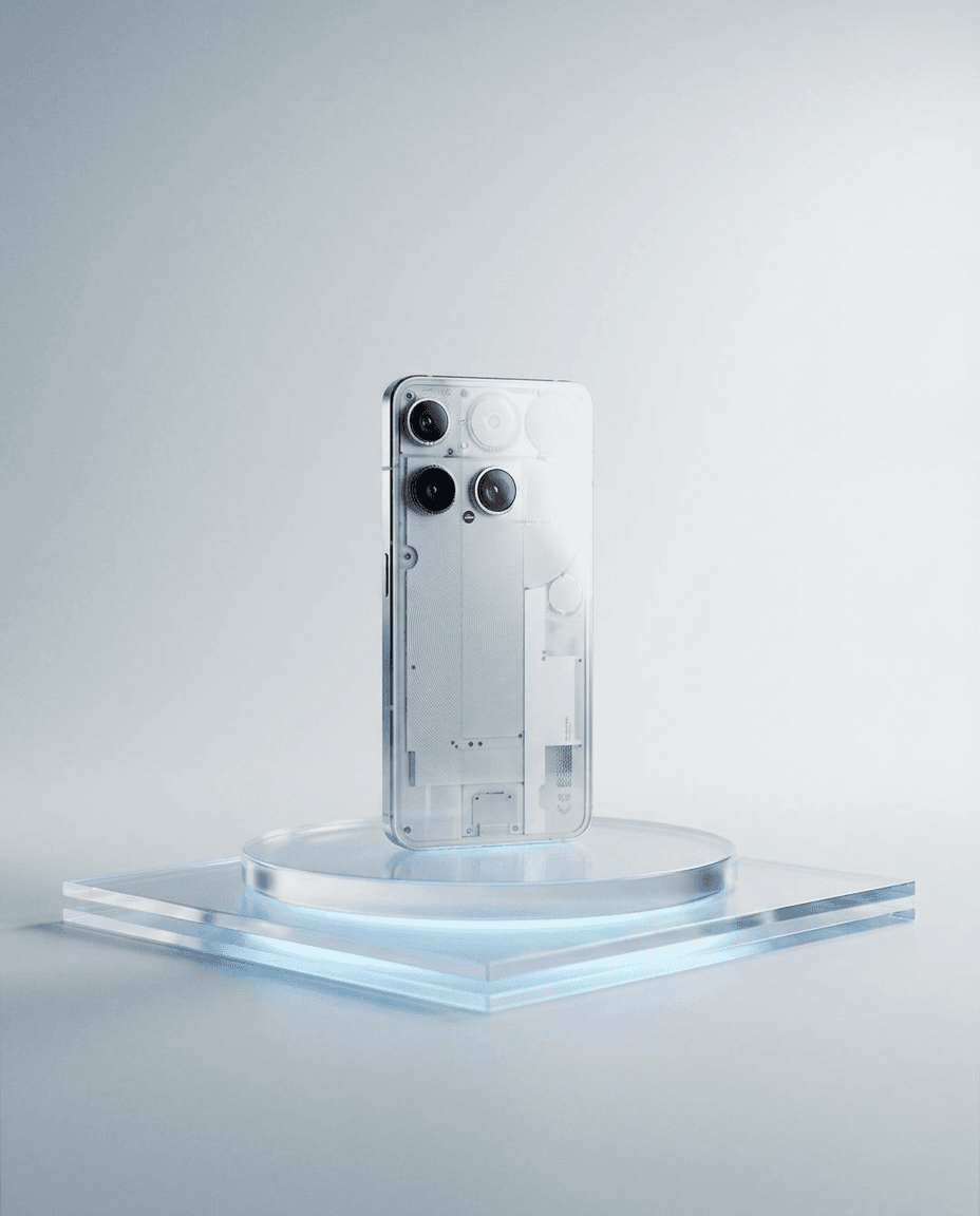 A transparent smartphone on a simple podium with soft, neutral tones.