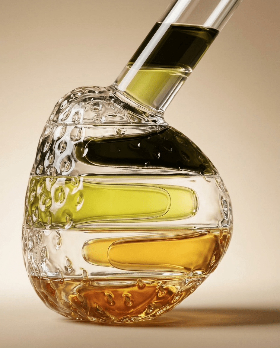 Glass vessel with layered olive oil in green and gold on a beige background.