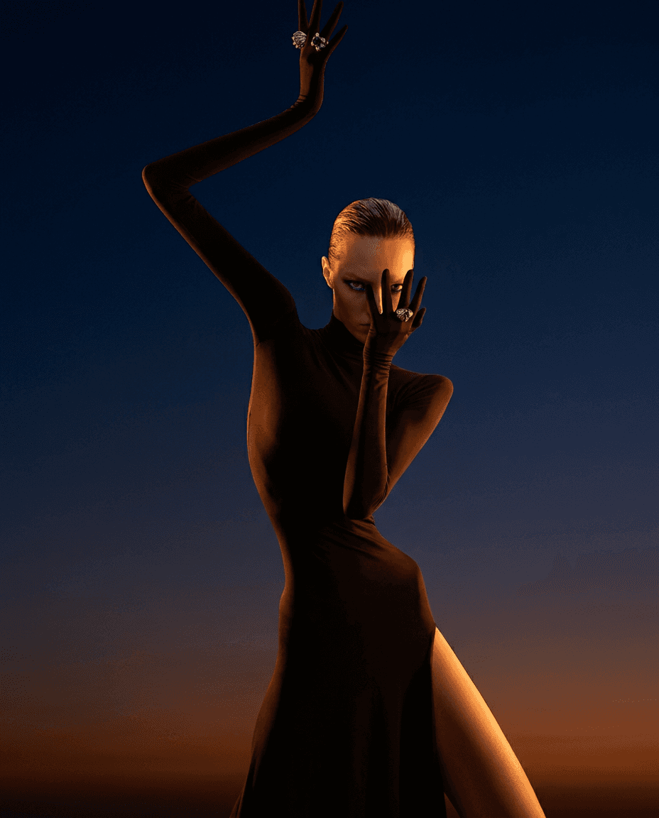 Model in a black gown and bold jewellery poses against a sunset backdrop.