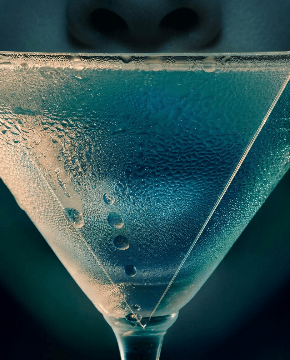Close-up of a frosty martini glass with condensation and blue hues.