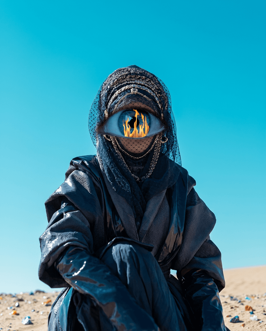 A figure in dark clothing with a large eye showing flames, set against a blue sky.