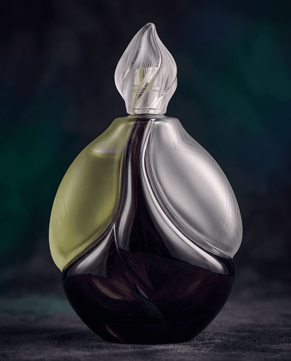 A glass perfume bottle with a swirling shape in purple and green.