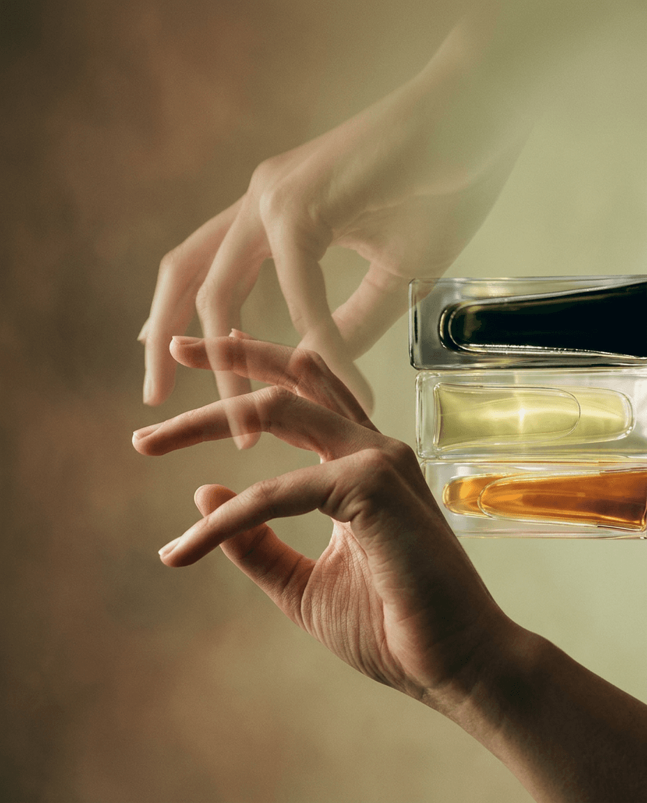 Close-up of a hand reaching towards stacked glass vials with soft colours.