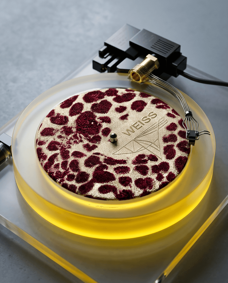 A leopard-print turntable with burgundy and yellow vinyl.