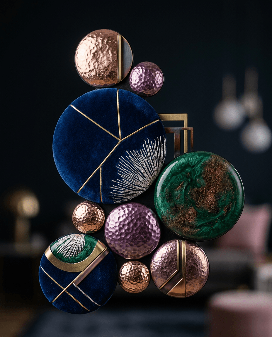 Still life of circular forms in blue, green, and metallic colours with intricate patterns on a dark background.