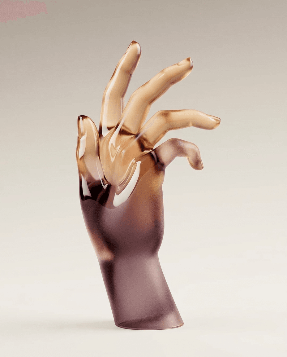 3D rendering of a glass hand in amber and purple hues on a neutral background.