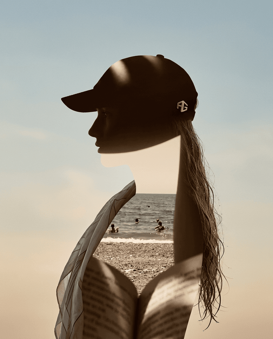 Silhouette of a woman in a cap with a beach scene and book pages.