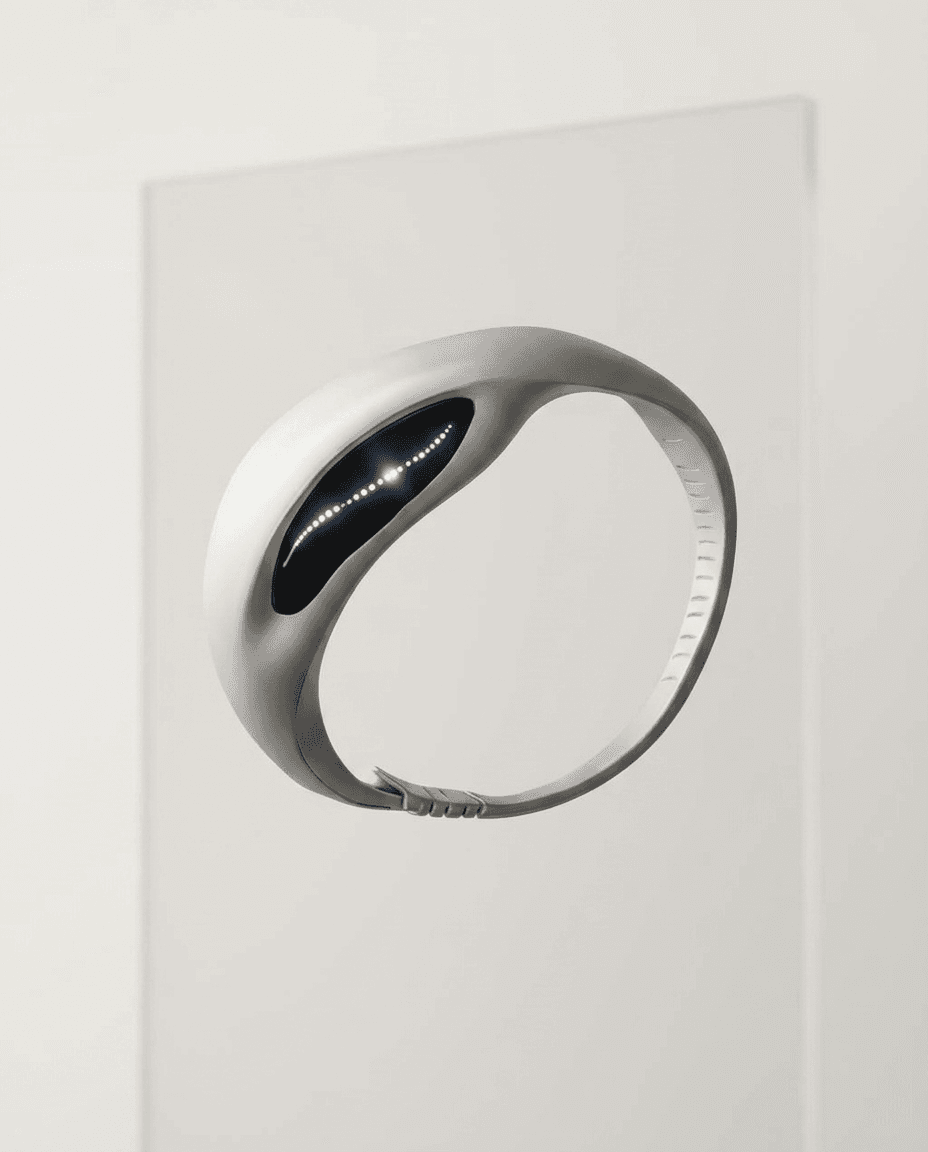 A futuristic smartwatch with a glossy silver finish and blue LED lights against a minimalist background.