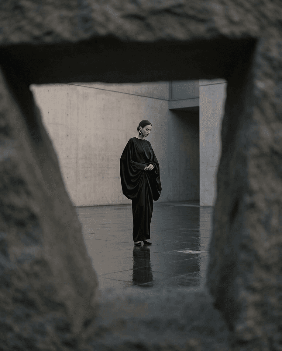 Model wearing a black garment in a stone opening with a concrete background.