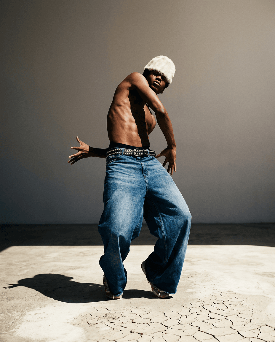 Bare-chested dancer in oversized denim pants moving against a sandy background.