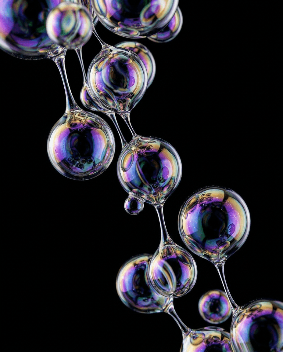 Close-up of colourful soap bubbles with iridescent effects on a black background.