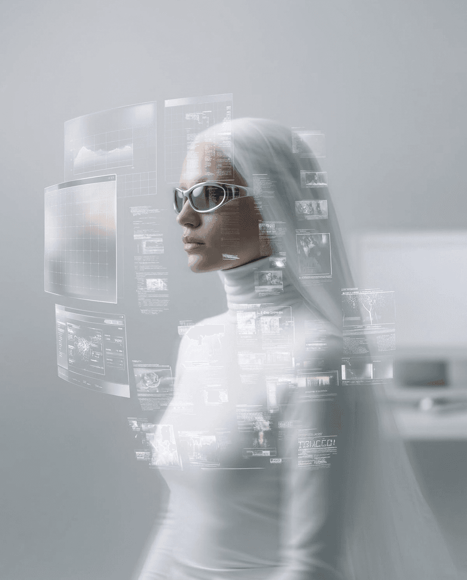 A woman in a white outfit and glasses stands near translucent digital screens.