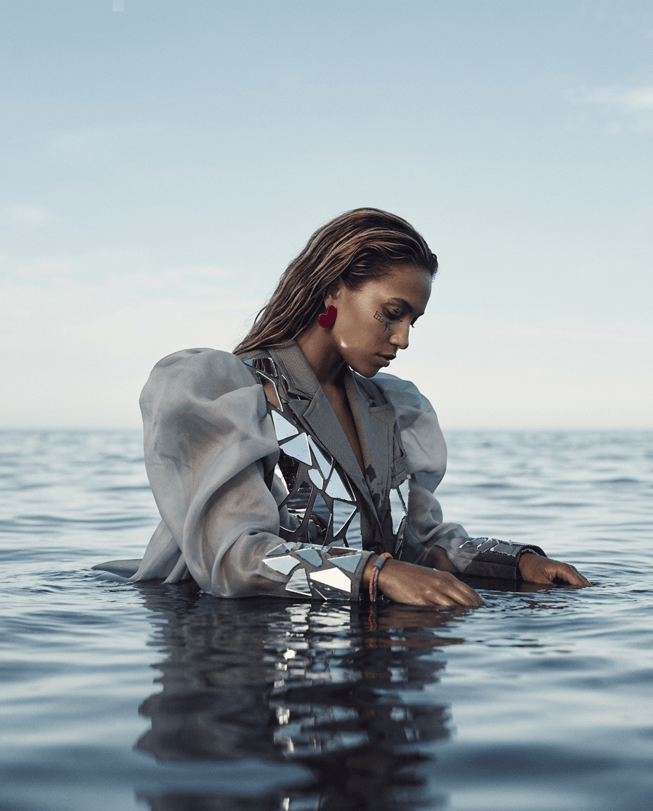A woman wading in calm water, wearing a striking outfit with metallic accents and exaggerated sleeves.