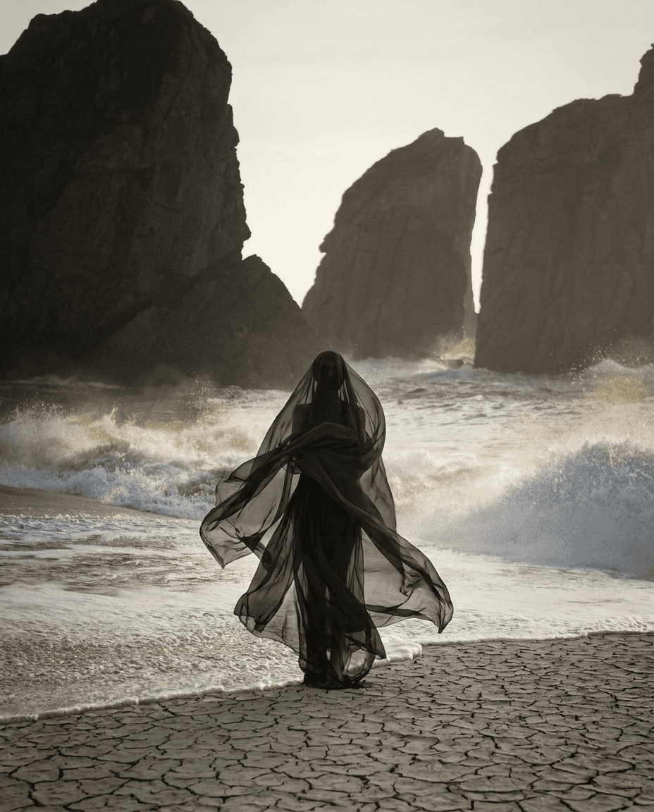 A figure in a black veil stands on the shore with rocks and waves around.