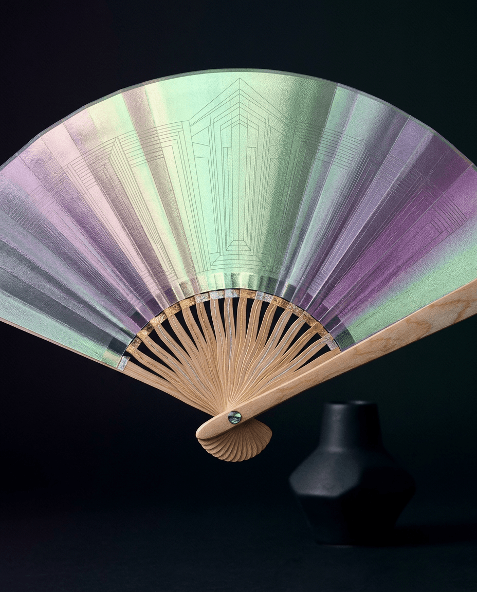 Still life with an iridescent fan and a black vase on a dark background.