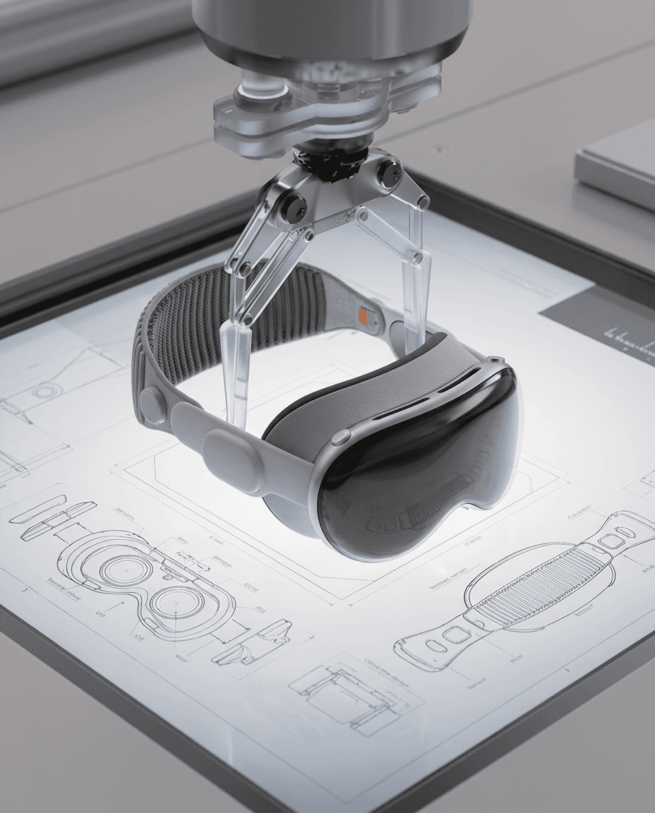 A futuristic headset under a robotic arm in a modern, high-tech setting.