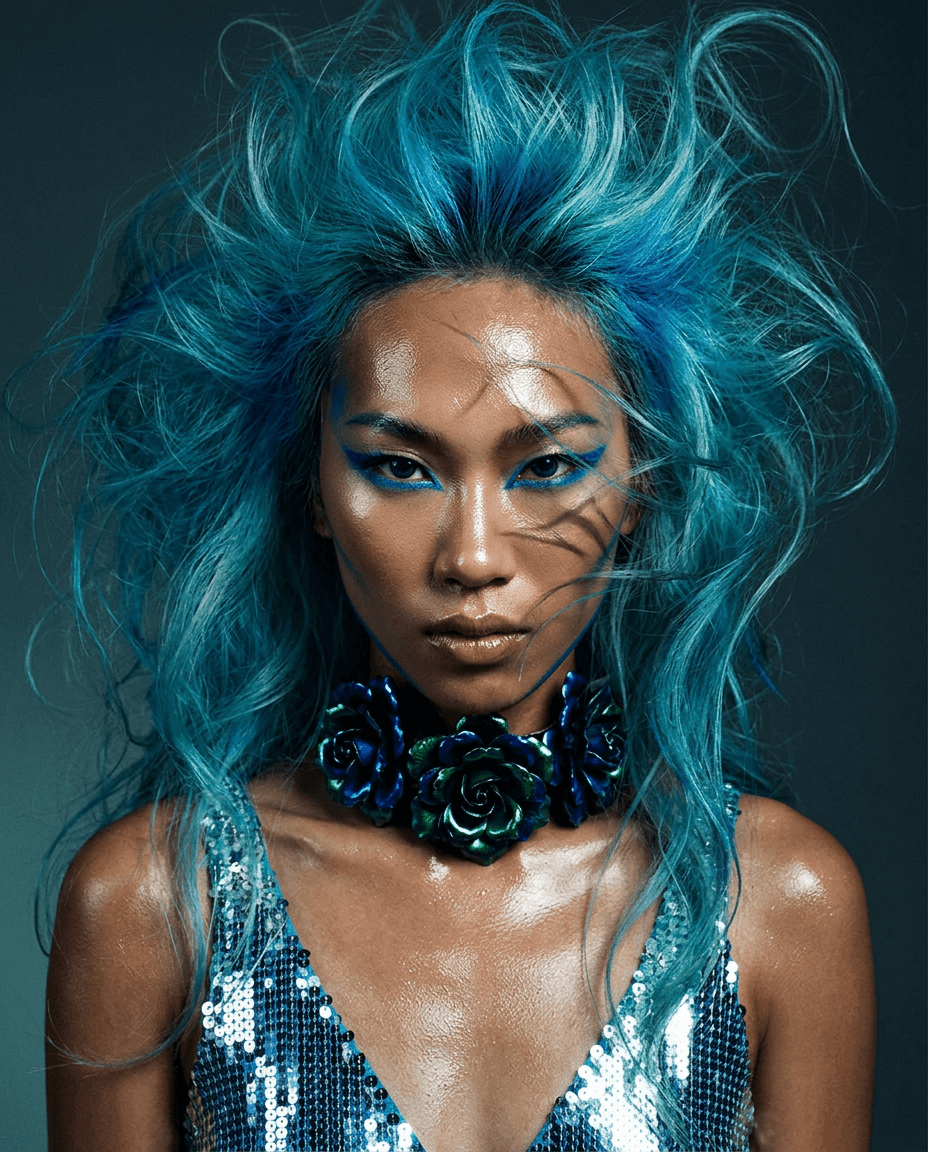 A model with blue hair and bold makeup wearing a sequined outfit and floral choker.